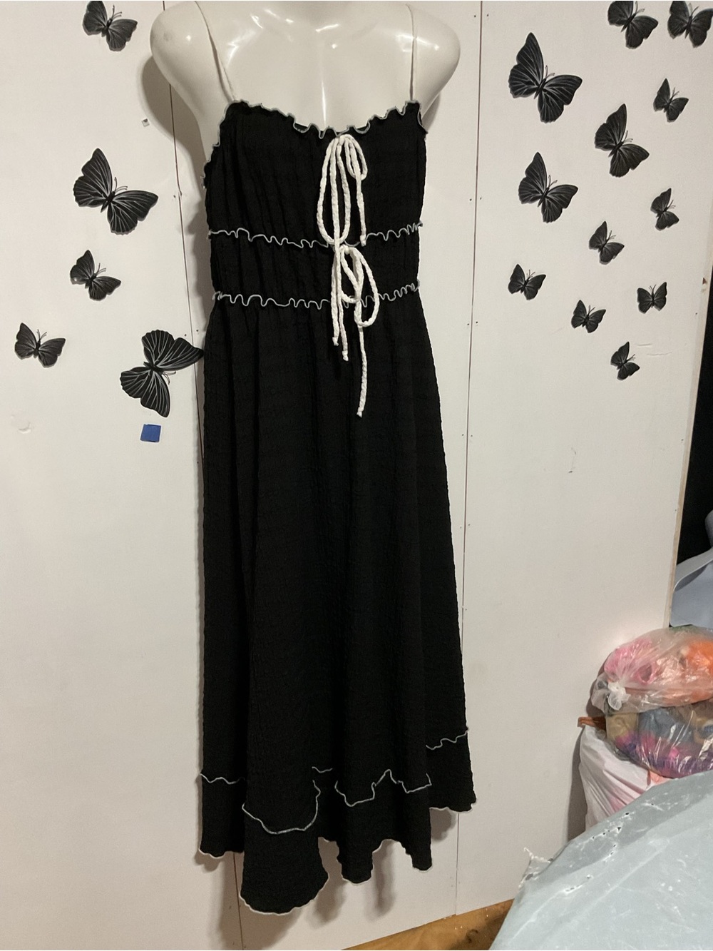 See You Monday Black Strapless Maxi Dress with White Trim